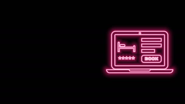 Linea neon incandescente Icona della prenotazione alberghiera online isolata su sfondo nero. Concetto di design di prenotazione online per laptop. Animazione grafica 4K Video motion - Filmati, video