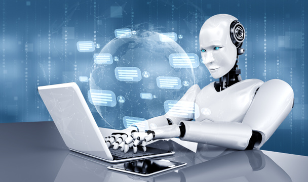 Робот искусственного интеллекта использует компьютер для общения с клиентом. Концепция чат-бота - Фото, изображение