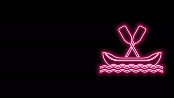 Zářící neonová čára Rafting loď ikona izolované na černém pozadí. Kajak s pádly. Vodní sporty, extrémní sporty, dovolená, dovolená, team building. Grafická animace pohybu videa 4K - Záběry, video