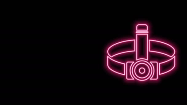 Glowing neon line Head flashlight icon isolated on black background. Tourist head flashlight. Camping head light. 4K Video motion graphic animation - Footage, Video