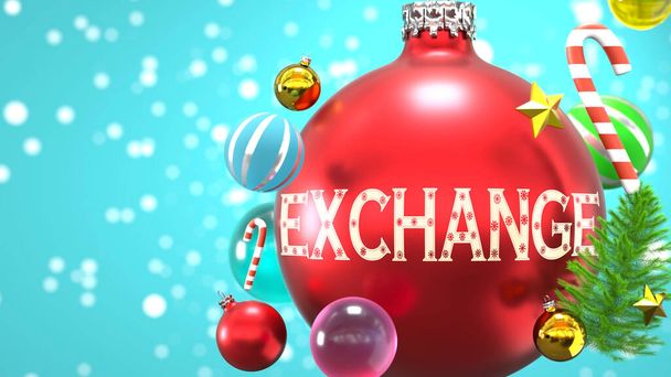クリスマス休暇中の交換の接続と重要性を象徴する言葉交換と抽象的なクリスマス飾りボールとして描かれた交換、 3Dイラスト - 写真・画像