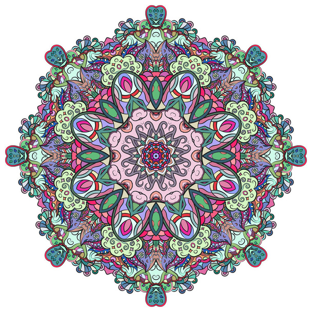 Mandala, tracery wheel mehndi design. Ethnic ornament, colorful doodle symmetry texture. Folk traditional spiritual tribal design. Curved shape, isolated on white. Color art. Vector - Vektor, kép