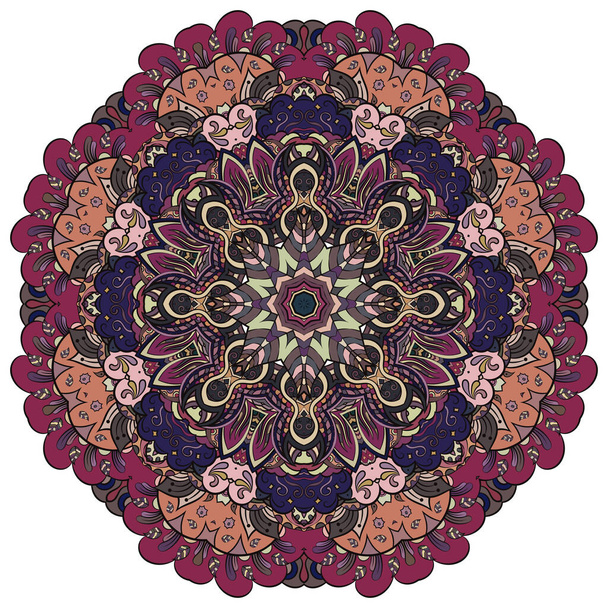 Mandala, tracery wheel mehndi design. Ethnic ornament, colorful doodle symmetry texture. Folk traditional spiritual tribal design. Curved shape, isolated on white. Color art. Vector - Vektör, Görsel