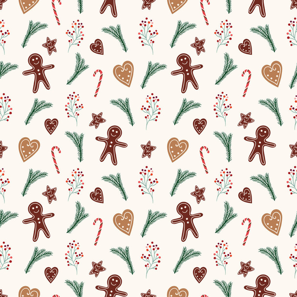 Padrão sem costura de Natal com gengibre, ramos de pinho e doces, design de inverno - Vetor, Imagem