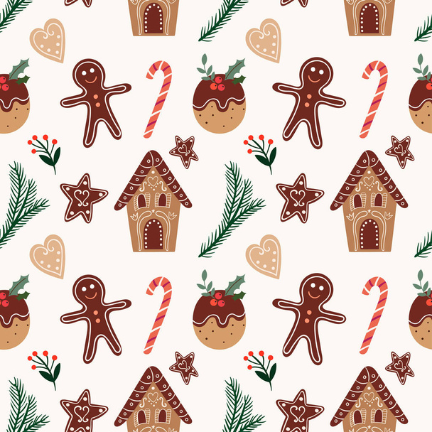 ジンジャーブレッドとクリスマスの伝統的なクッキーとクリスマスのシームレスなパターン、冬のデザイン - ベクター画像