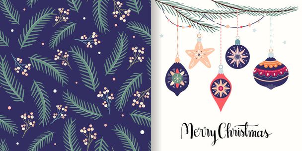 Conjunto de Natal com padrão sem costura e cartão de saudação, design de inverno sazonal - Vetor, Imagem
