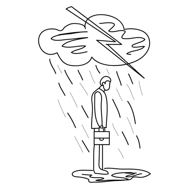 Ένα σκίτσο ενός επιχειρηματία που στέκεται στη βροχή και την καταιγίδα. Διάνυσμα, απεικόνιση. - Διάνυσμα, εικόνα