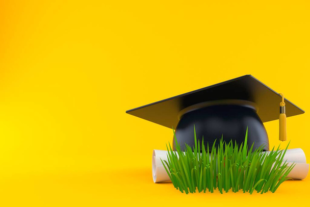 Mortarboard on grass isolated on orange background. 3d illustration - Photo, Image