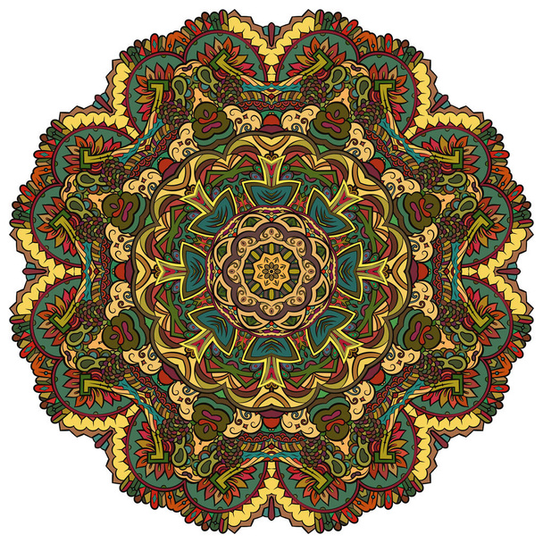Mandala, tracery wheel mehndi design. Ethnic ornament, colorful doodle symmetry texture. Folk traditional spiritual tribal design. Curved shape, isolated on white. Color art. Vector - Vektor, kép
