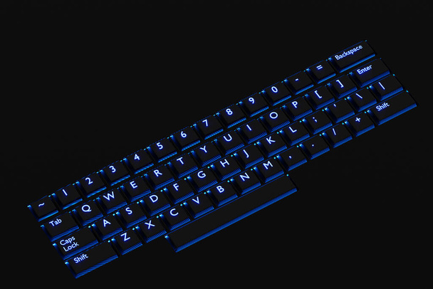 3D illusztráció, közelről a reális számítógép vagy laptop billentyűzet neon kék fény fekete alapon. Játék billentyűzet LED háttérvilágítással - Fotó, kép