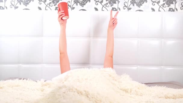 Vrouwelijke handen met een kopje koffie in bed, het concept van het starten van een nieuwe dag, goedemorgen. to-do-lijst tot op heden - Video