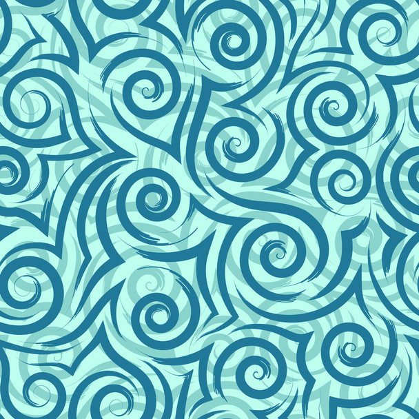Seamless vector texture of flowing blue brush strokes of spirals and curls on a turquoise background. Sea or ocean pattern stylized waves or ripples on water. - Vector, Imagen