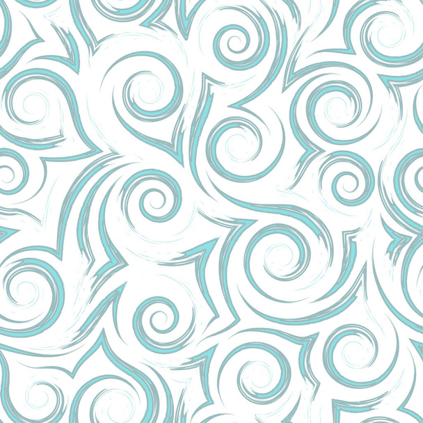 Geometric seamless pattern of flowing blue waves of spirals and curls on a white background.Sea or ocean stylized waves or ripples on the water. - Vector, Imagen