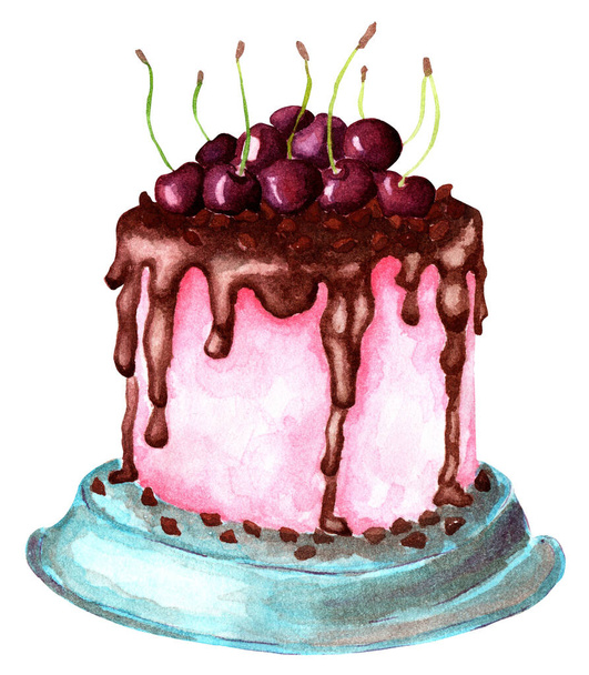 Sweet pink cake with chocolate icing and juicy cherries on it. Festive illustration, Thanksgiving, Birthday, Christmas. Watercolor illustration isolated on white background. Hand-drawn. - Fotó, kép
