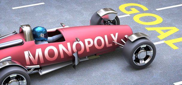 Monopoly βοηθά στην επίτευξη των στόχων, απεικονίζεται ως ένα αγωνιστικό αυτοκίνητο με μια φράση Monopoly σε ένα κομμάτι ως μεταφορά της Monopoly παίζει ζωτικό ρόλο στην επίτευξη της επιτυχίας, 3D εικονογράφηση - Φωτογραφία, εικόνα