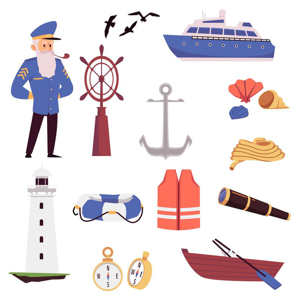 Set of marine or ocean travel elements a flat isolated vector illustration - Vetor, Imagem