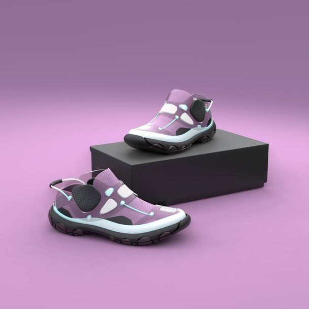 Conceito de calçado com pacote de caixa em fundo violeta. Design moderno. ilustração 3d. - Foto, Imagem