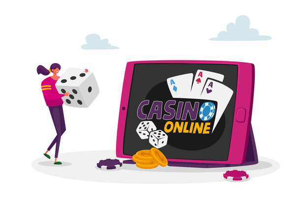 Woman Gaming, Keress pénzt az interneten, Online jövedelem, szerencsejáték. Apró Női Hatalmas Kocka Póker Játék Hatalmas Tablet - Vektor, kép