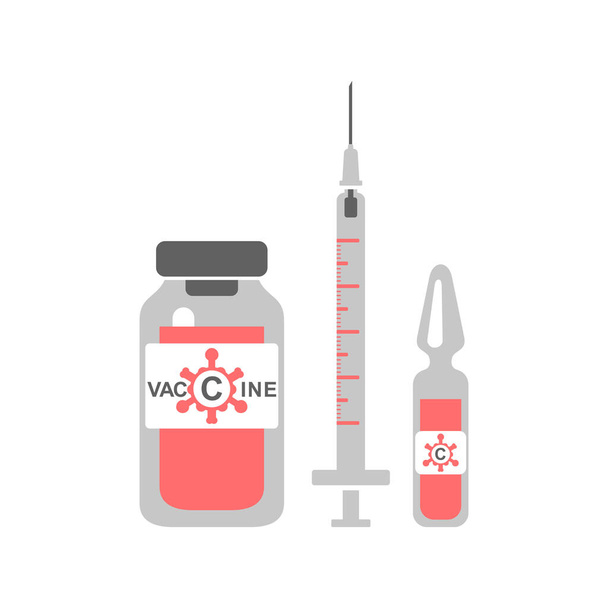 Antiviraal vaccin, ampul en spuit, vaccinatie immuniteit tegen coronavirus. Geïsoleerde kleurenillustratie op een witte achtergrond, vector - Vector, afbeelding