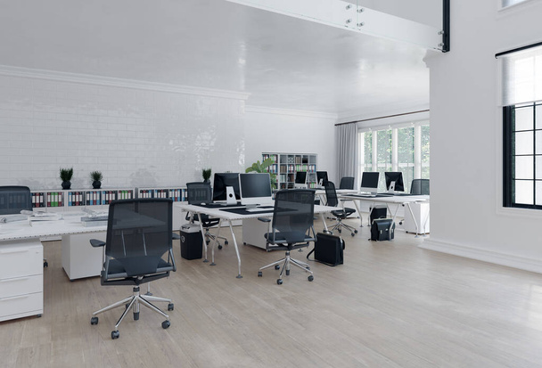 nowoczesne wnętrze biura na poddaszu. Koncepcja projektu renderowania 3d - Zdjęcie, obraz