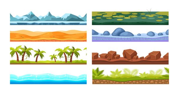 Tropics with palm trees, sea water, desert, ice mountain cover, rocky surface, land with marshy surface, fantastic landscape. Landscape grounds seamless. Texture gaming floor ground cartoon vector - Vector, Image