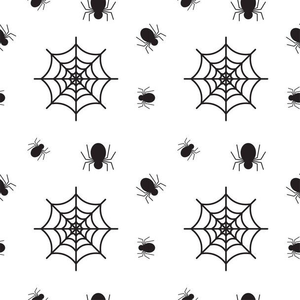 Black Spider and cobweb texture on white color background. Seamless pattern design template. Monochrome color theme vector illustration - Vector, Imagen