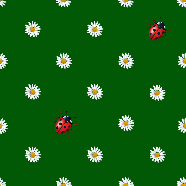 Madeliefjes bloemen en lieveheersbeestjes naadloos patroon. Vector illustratie op groene achtergrond. Print textiel ontwerp. Kleurstof textuur - Vector, afbeelding