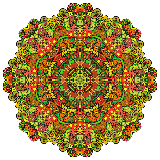 Mandala, tracery wheel mehndi design. Ethnic ornament, colorful doodle symmetry texture. Folk traditional spiritual tribal design. Curved shape, isolated on white. Color art. Vector - Vektor, obrázek