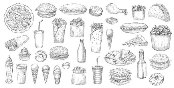 Schets fastfood maaltijden geïsoleerde vector pictogrammen pizza, burrito 's en hamburger met hotdog en frietjes, popcorn, nacho' s en donut met frisdrank. IJs, taco en cupcake junk straat fastfood set - Vector, afbeelding