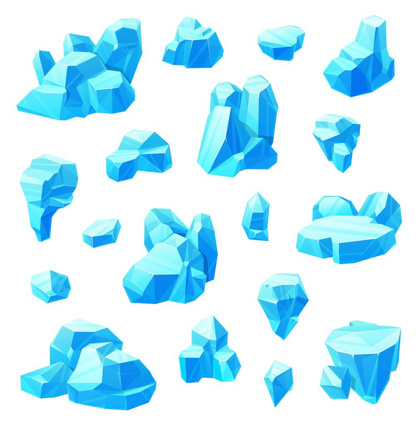 Conjunto de dibujos animados cristales de hielo de agua congelada vector. Bloques azules y cubos de iceberg roto, trozos de hielo, témpano o glaciar, hielo frío aislado objetos de temporada de invierno, clima nevado y diseño del juego - Vector, Imagen