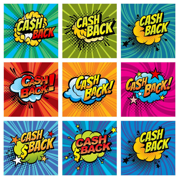 Cash back képregények buborékok izolált vektor ikonok. Cartoon Boom bang színes félhang készpénz ajánlat, pop art retro hangfelhő robbanás csillagok és dollár jelek, szimbólumok tipográfia készlet - Vektor, kép