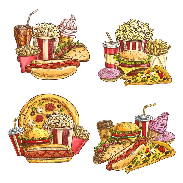 ファーストフードは食事や軽食を取る。ストリートカフェハンバーガーと冷たい飲み物。ピザ、フライドポテトとハンバーガー、タコス、ホットドッグとドーナツ、ポップコーンバケツ、コーヒーとアイスクリームの手描きスケッチベクトル - ベクター画像