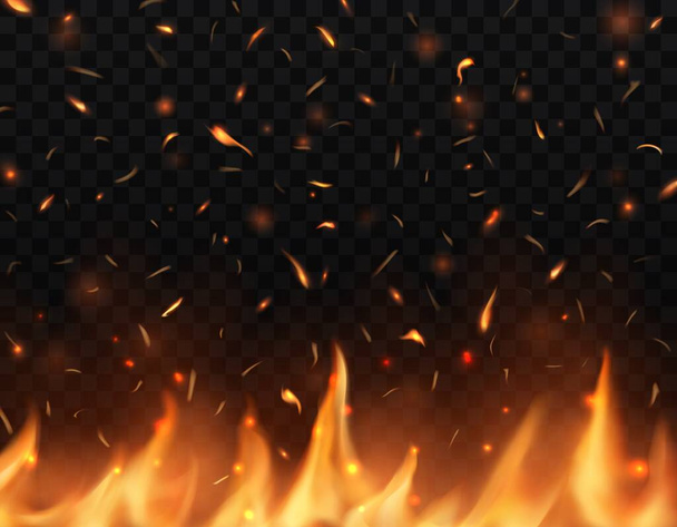 Lingue di fuoco realistiche con scintille, bagliore vettoriale bagliore bagliore splendente, fuoco di campo ardente con particelle che volano su, braci e cenere. Bruciando falò 3d, effetto incendio, calore da lavori di fabbro o inferno - Vettoriali, immagini