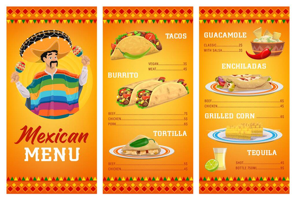 Meksikolainen keittiö ravintola valikko vektori malli ruokaa ja juomaa. Liha ja kasvistacoja, burritoja, tortilla quesadilloja ja enchiladoja, nachoja guacamole-kastikkeella, tequilaa ja grillattuja maissintähkiä - Vektori, kuva
