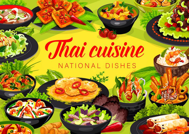 Thaimaalainen keittiö vektori Aasialainen ruoka kevätkääryleet, thai-salaatti naudanlihalla ja kausilla, riisi kookosmaidolla ja katkaravuilla, kookosmaitokalakeitto, mausteinen kana basilikalla ja tomaattijamssilla ruokia - Vektori, kuva