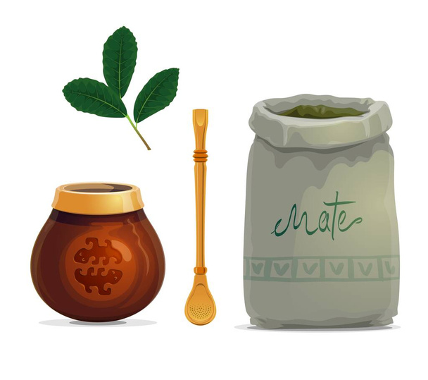 Mate tea drink cartoon vector of yerba mate plant leaves, calabash gourd cup, metal bombilla straw and bag of dried branches. South American hot beverage with accessories - Vector, Image