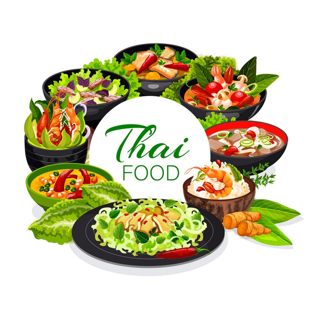 Thajská kuchyně, vektorová rýže s kokosovým mlékem a krevetami, kokosová polévka, kalamárový salát, Tom Yam kung, Tom Yam. Thajský salát s hovězím a mořským masem, asijské jídlo. Thajsko nádobí kulatý rám - Vektor, obrázek