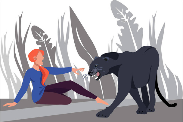 Girl with a black panther. Vector illustration. Young woman sitting near a black panther and pulls her hand towards it in a jungle flat style concept. Isolated on white - Vector, Image