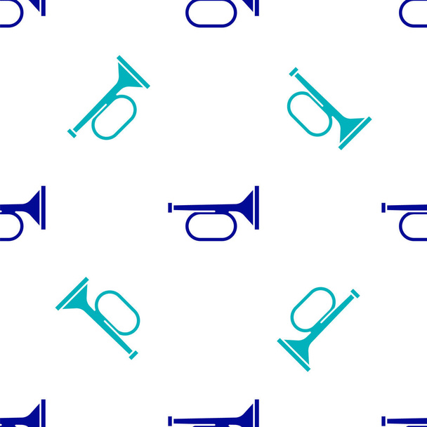 На белом фоне значок "Синяя труба" выделен бесшовным узором. Музыкальный инструмент труба. Вектор. - Вектор,изображение