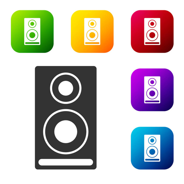 Black Stereo speaker icon isolated on white background. Sound system speakers. Music icon. Musical column speaker bass equipment. Set icons in color square buttons. Vector. - Vektor, Bild