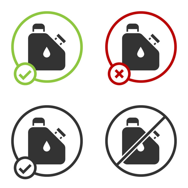 Musta kanisteri palavia nesteitä varten valkoisella pohjalla eristetty ikoni. Öljy tai biopolttoaine, räjähtävät kemikaalit, vaaralliset aineet. Ympyrä nappi. Vektori. - Vektori, kuva