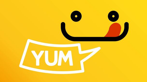 Lekker glimlach vector cartoon lijn emoticon met tong likken mond. Heerlijk lekker eten eten eten emoji gezicht op gele design achtergrond - Vector, afbeelding