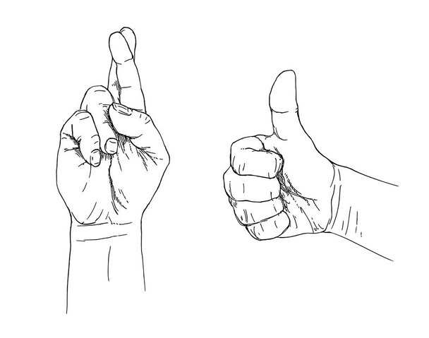 Mensen hand tonen vingers gekruist en duim omhoog gebaar. - Vector, afbeelding