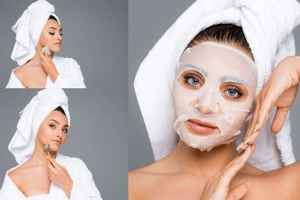 collage of woman in mask sheet, with gua sha and jade roller isolated on grey - Photo, Image