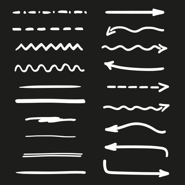 Weiße Elemente auf isoliertem schwarzen Hintergrund. Handgezeichnete Unterstriche und Pfeile. Schwarz-Weiß-Illustration - Vektor, Bild