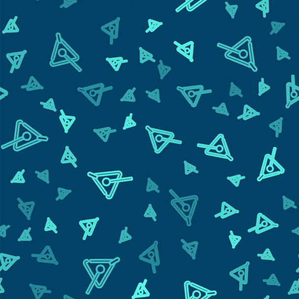 Grüne Linie Dreieck Musikinstrumentensymbol isoliert nahtlose Muster auf blauem Hintergrund. Vektor. - Vektor, Bild