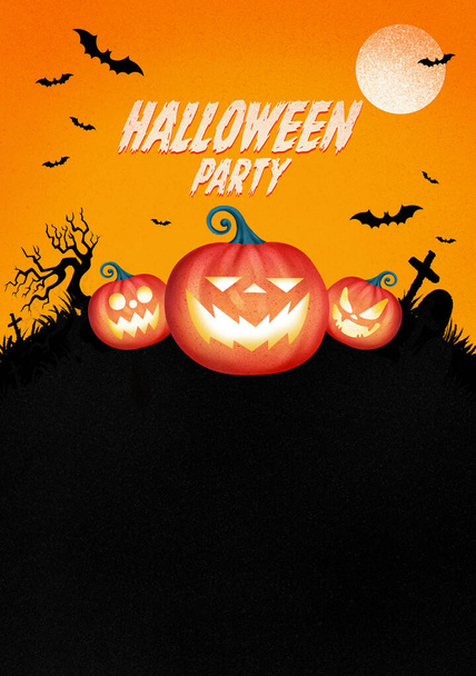 Halloween party poster Template with pumpkin and full moon. Halloween background - Фото, изображение