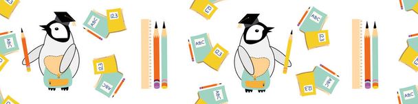 Lindo borde vectorial con pollitos pingüinos Kawaii en sombrero erudito con lápices, cuadernos sobre fondo blanco. Banner con una fila de bebés emperadores de dibujos animados en traje escolar. Concepto divertido para el aprendizaje educativo - Vector, Imagen