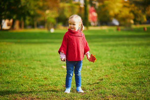 Adorable toddler girl playing in autumn park. Happy kid enjoying fall day. Outdoor activites for kids - Φωτογραφία, εικόνα