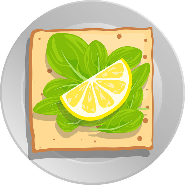 Sandwich con verduras y rodaja de limón en un plato - Vector, imagen